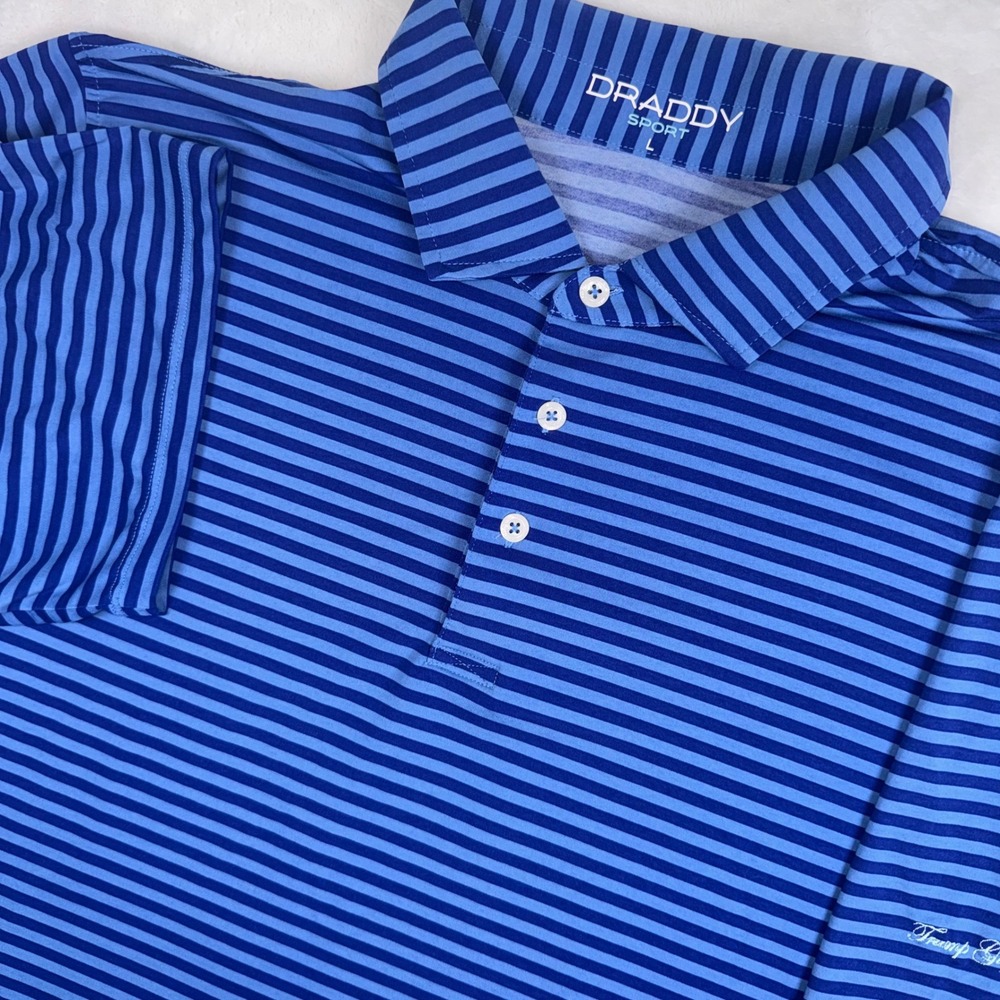 B. Draddy Polo Shirt Men Large Blue Striped Trump Golf Links Sport Short Sleeve